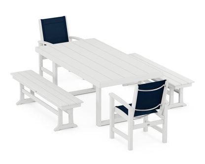 POLYWOOD® Coastal 5-Piece Dining Set with Trestle Legs in White / Navy Blue Sling