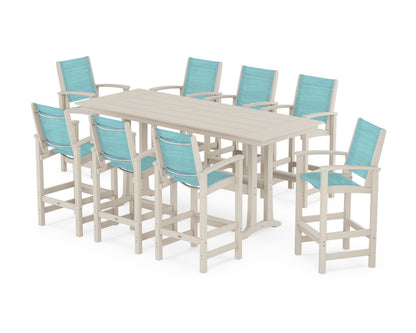 POLYWOOD® Coastal 9-Piece Farmhouse Bar Set with Trestle Legs in Sand / Dupioni Aquamarine Sling
