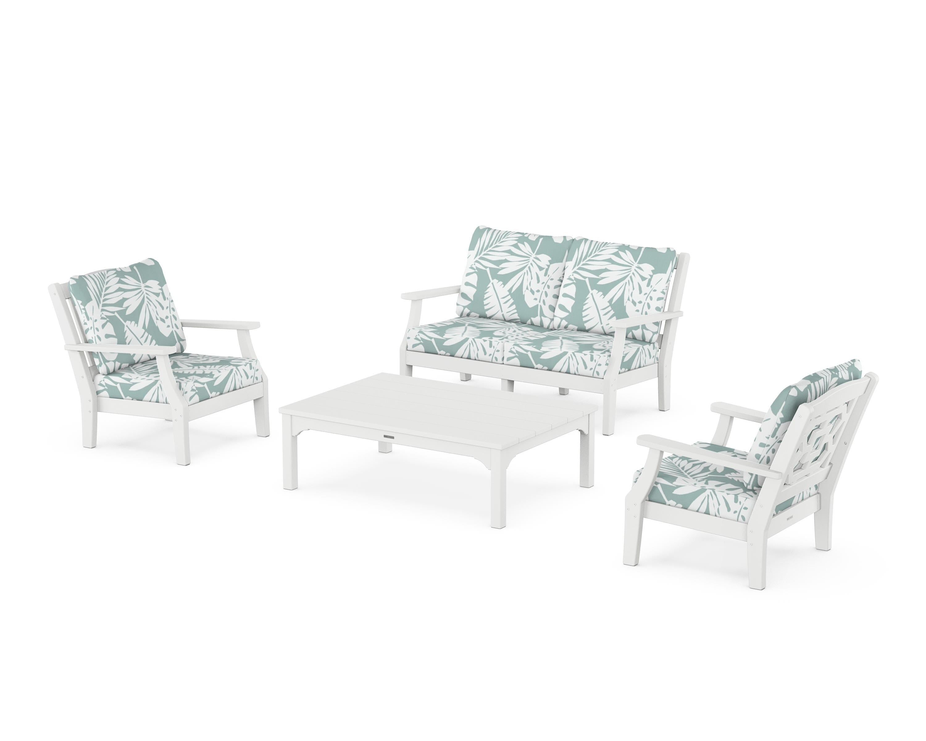 Martha Stewart by POLYWOOD® Chinoiserie 4-Piece Deep Seating Set with Loveseat in White / Leaf Glacier Spa