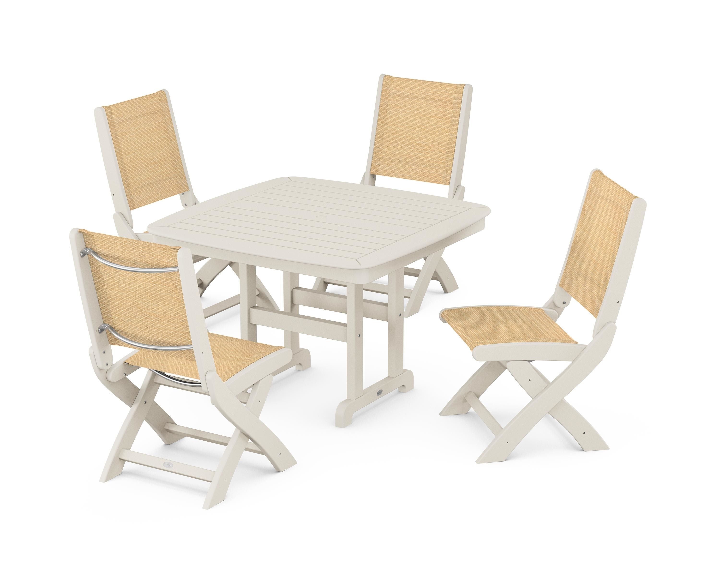 POLYWOOD® Coastal Folding Side Chair 5-Piece Dining Set in Sand / Dupioni Apricot Sling