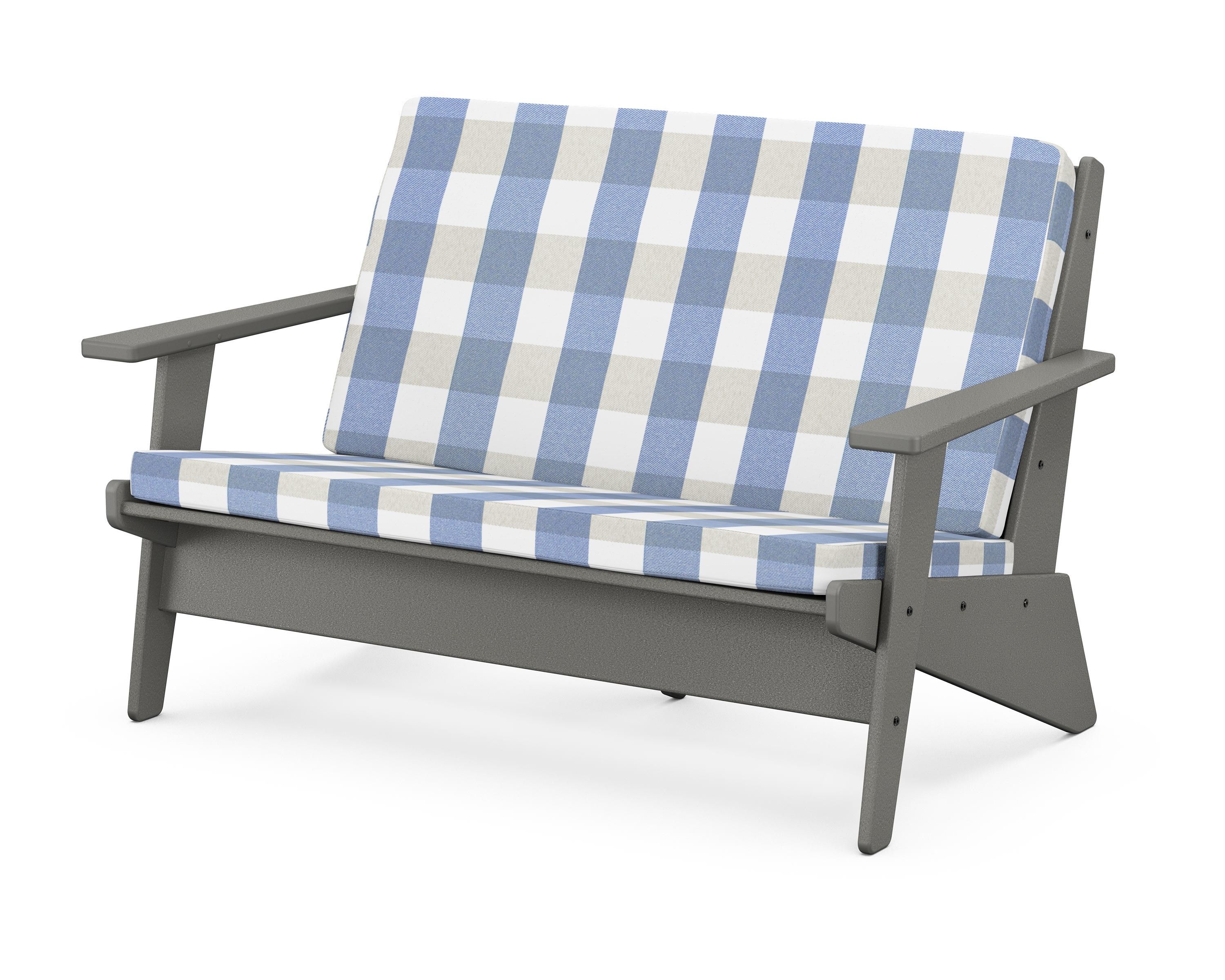 POLYWOOD® Riviera Modern Lounge Loveseat in Slate Grey / Buffalo Plaid Sky Blue