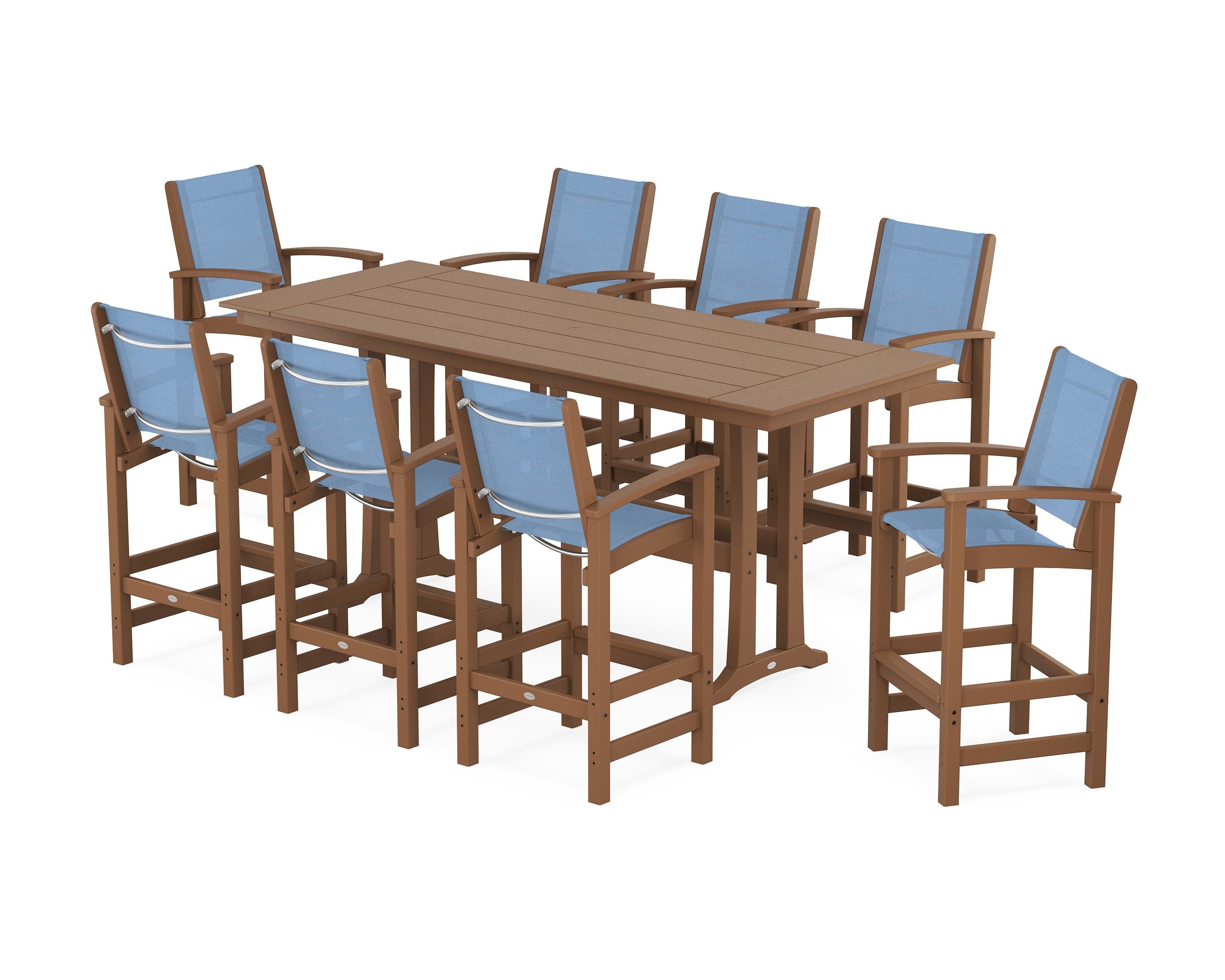 POLYWOOD® Coastal 9-Piece Farmhouse Bar Set with Trestle Legs in Teak / Poolside Sling