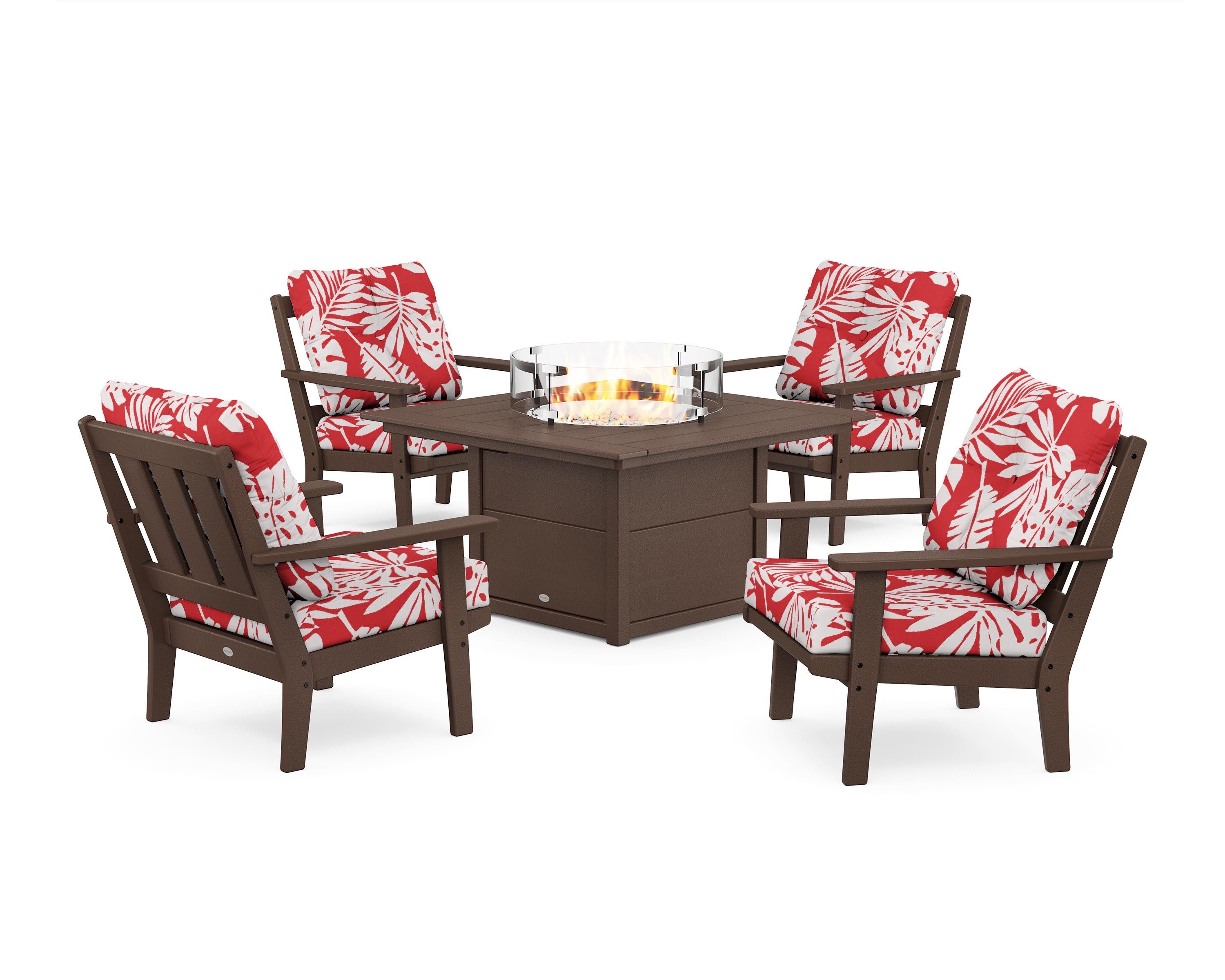 POLYWOOD® Oxford 5-Piece Deep Seating Set with Fire Pit Table in Mahogany / Leaf Crimson