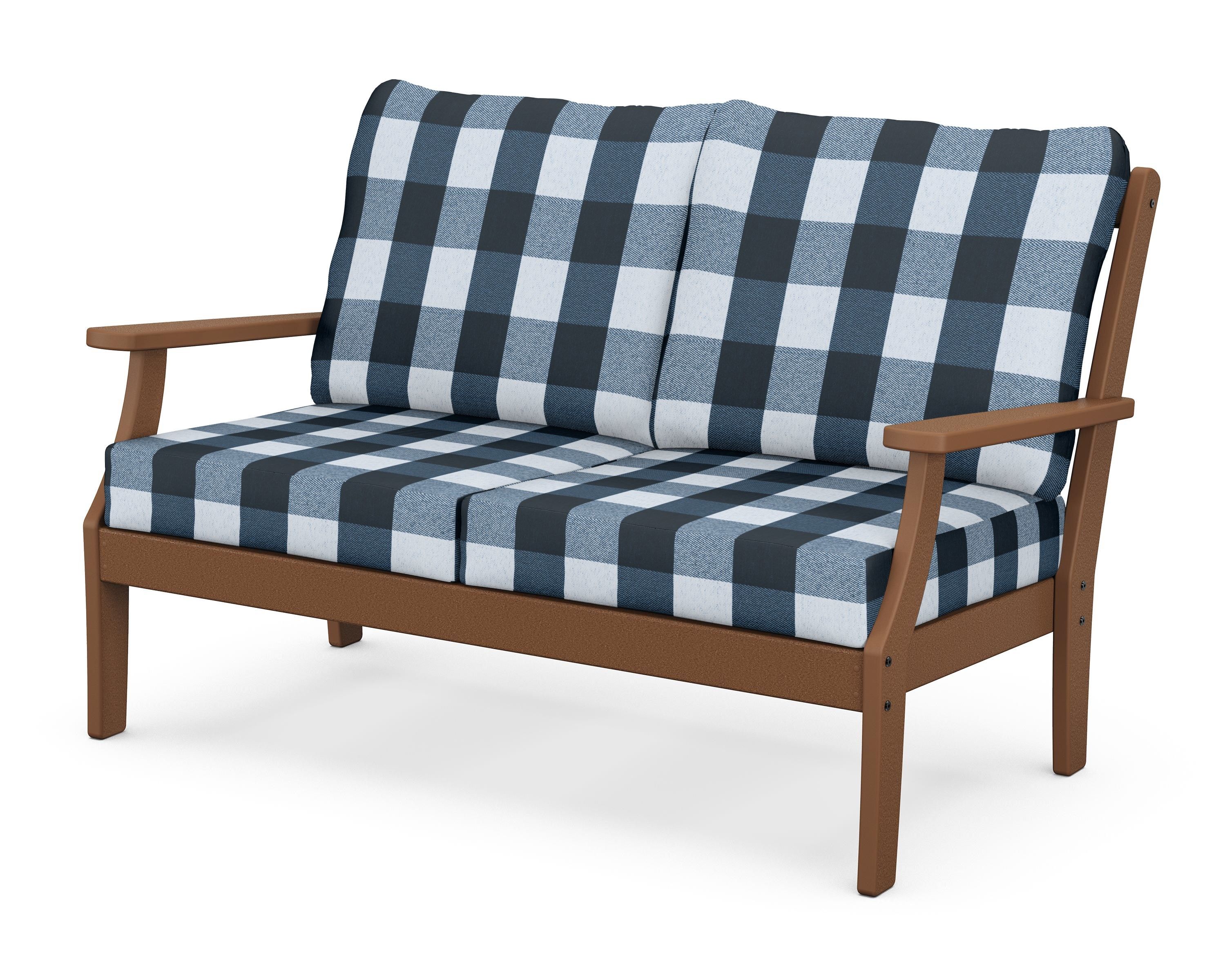 POLYWOOD® Braxton Deep Seating Loveseat in Teak / Buffalo Plaid Marine Indigo