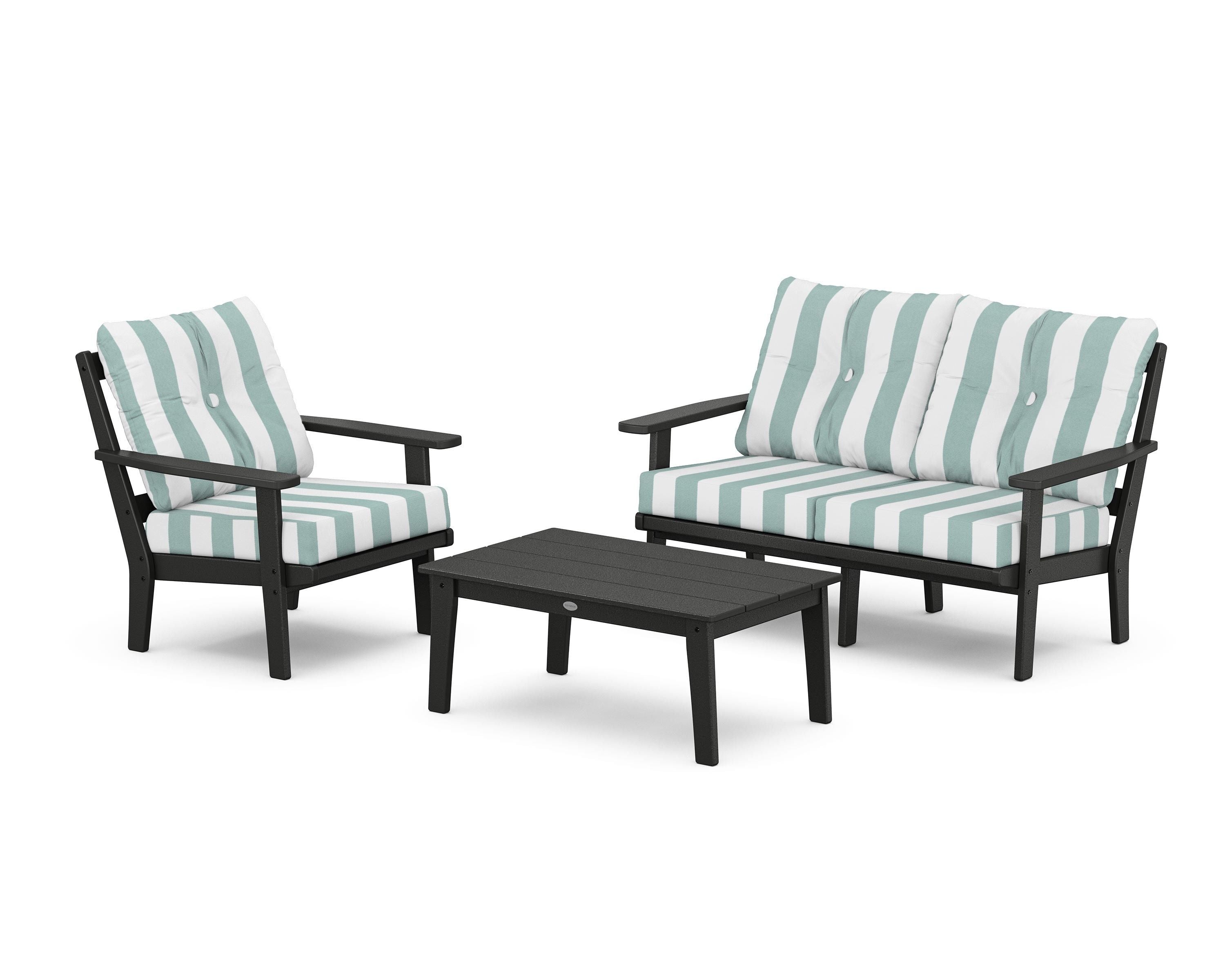 POLYWOOD® Prairie 3-Piece Deep Seating Set with Loveseat in Black / Cabana Stripe Glacier Spa