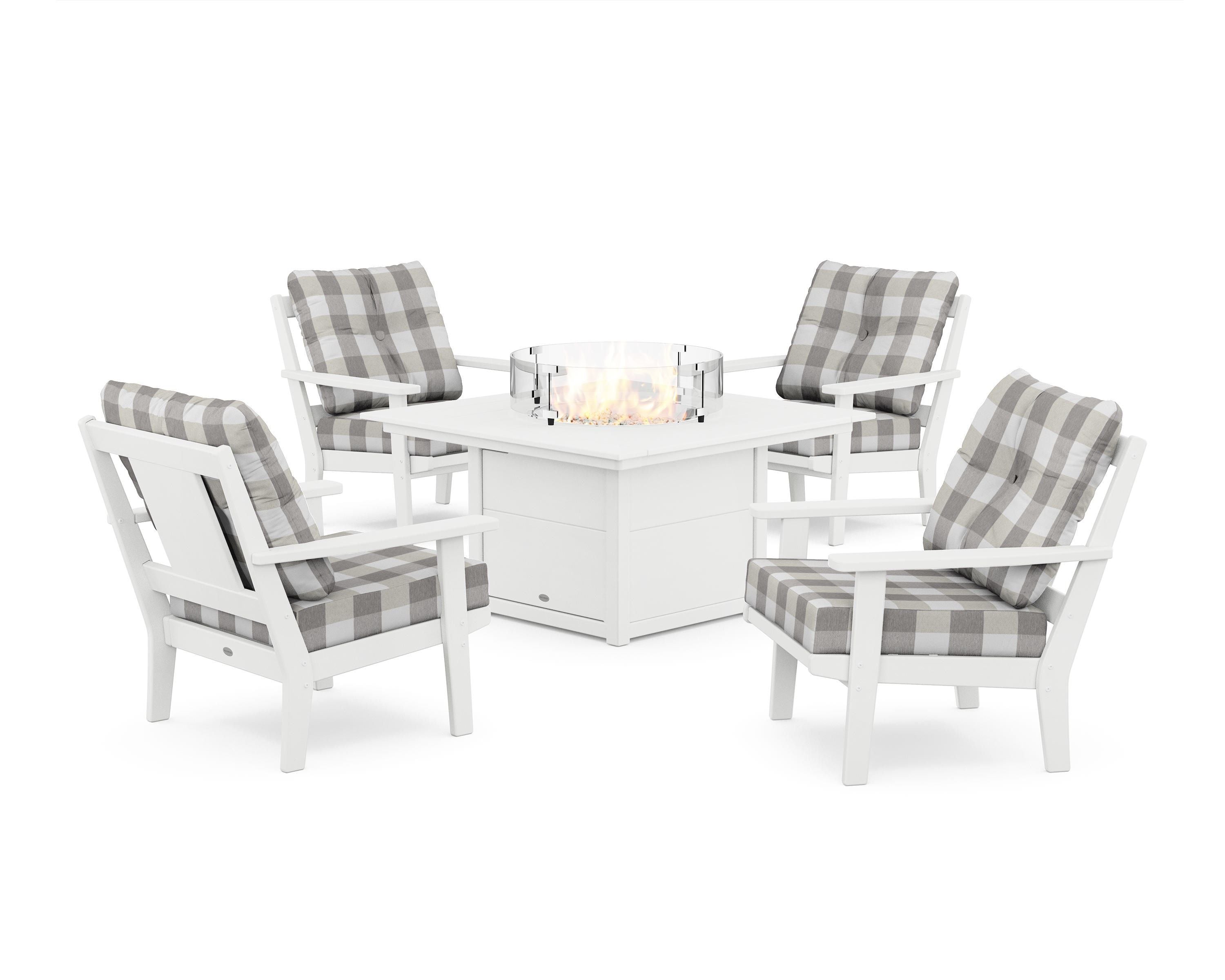 POLYWOOD® Prairie 5-Piece Deep Seating Set with Fire Pit Table in White / Buffalo Plaid Grey Mist