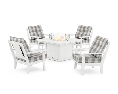 POLYWOOD® Prairie 5-Piece Deep Seating Set with Fire Pit Table in White / Buffalo Plaid Grey Mist