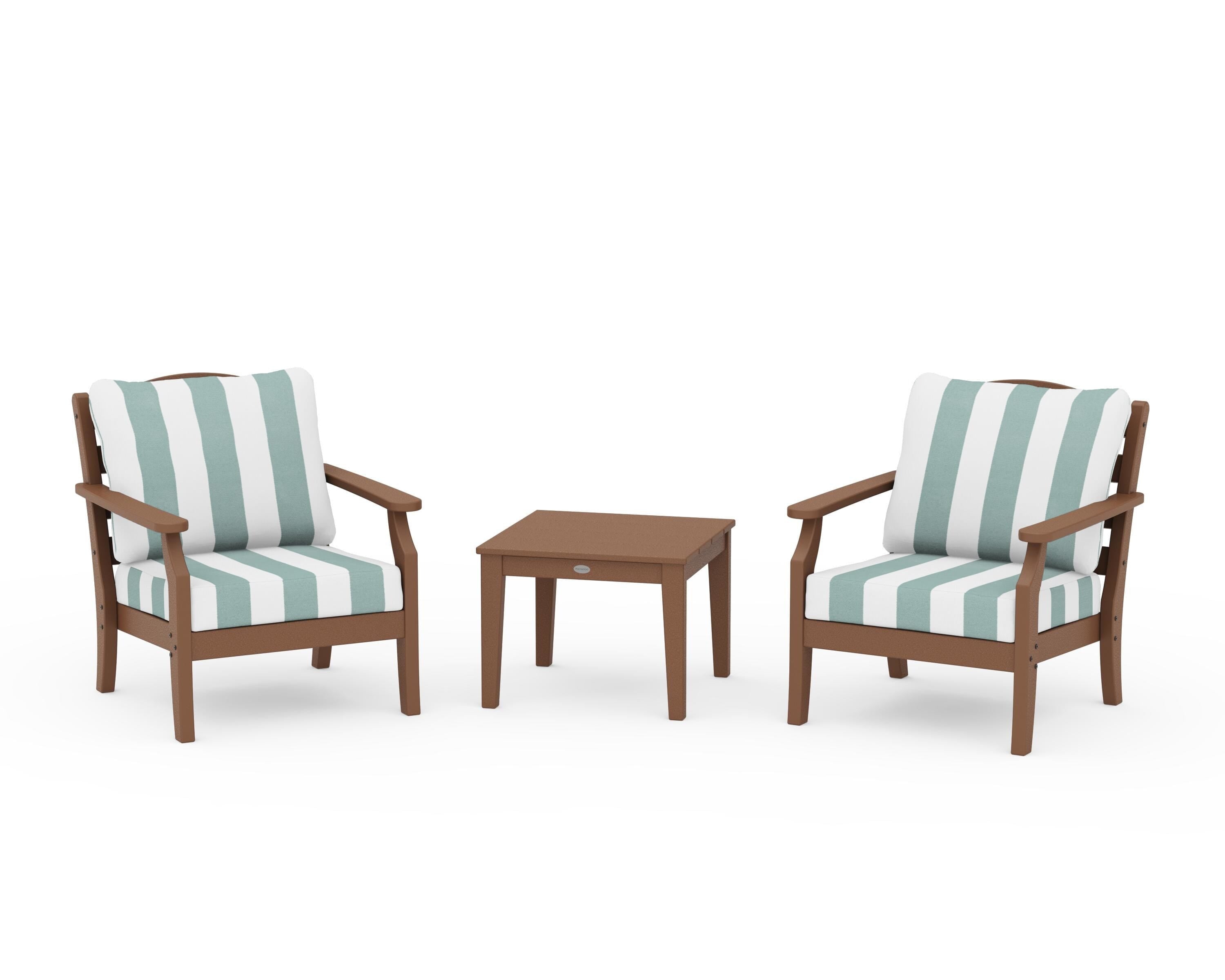 Draper James™ by  POLYWOOD® Savannah 3-Piece Deep Seating Set in Teak / Cabana Stripe Glacier Spa