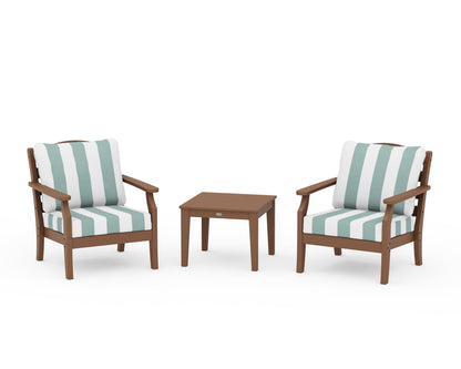 Draper James™ by  POLYWOOD® Savannah 3-Piece Deep Seating Set in Teak / Cabana Stripe Glacier Spa