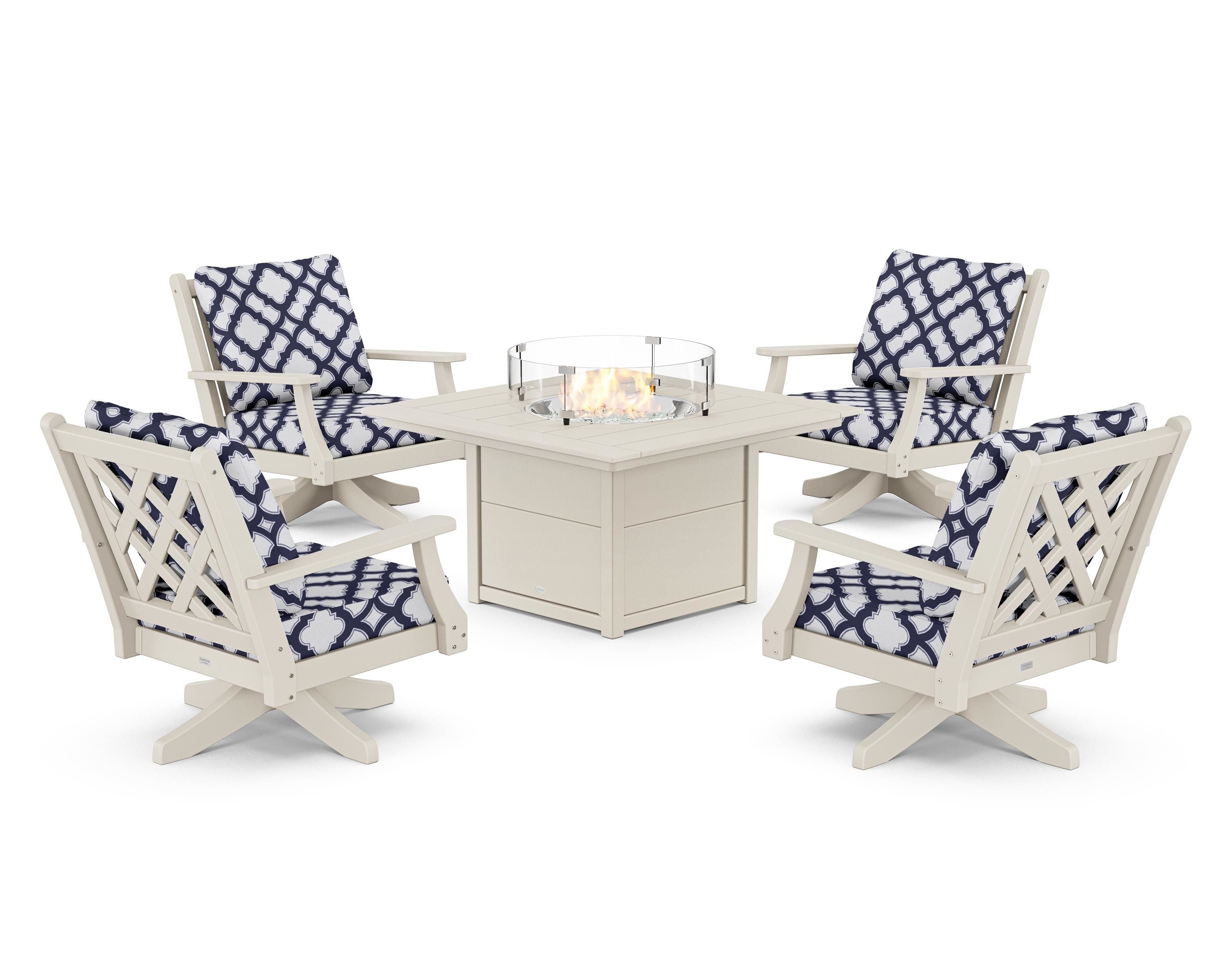 Country Living Wovendale 5-Piece Deep Seating Swivel Conversation Set with Fire Pit Table in Sand / Trellis Navy