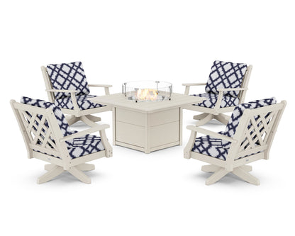 Country Living Wovendale 5-Piece Deep Seating Swivel Conversation Set with Fire Pit Table in Sand / Trellis Navy