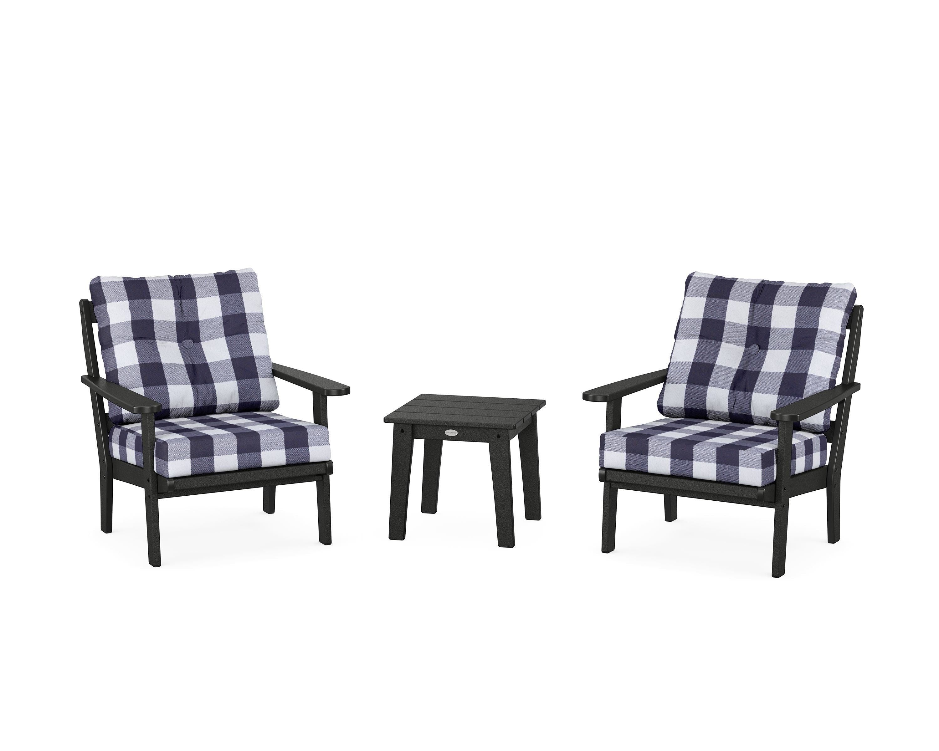 POLYWOOD® Mission 3-Piece Deep Seating Set in Black / Buffalo Plaid Navy
