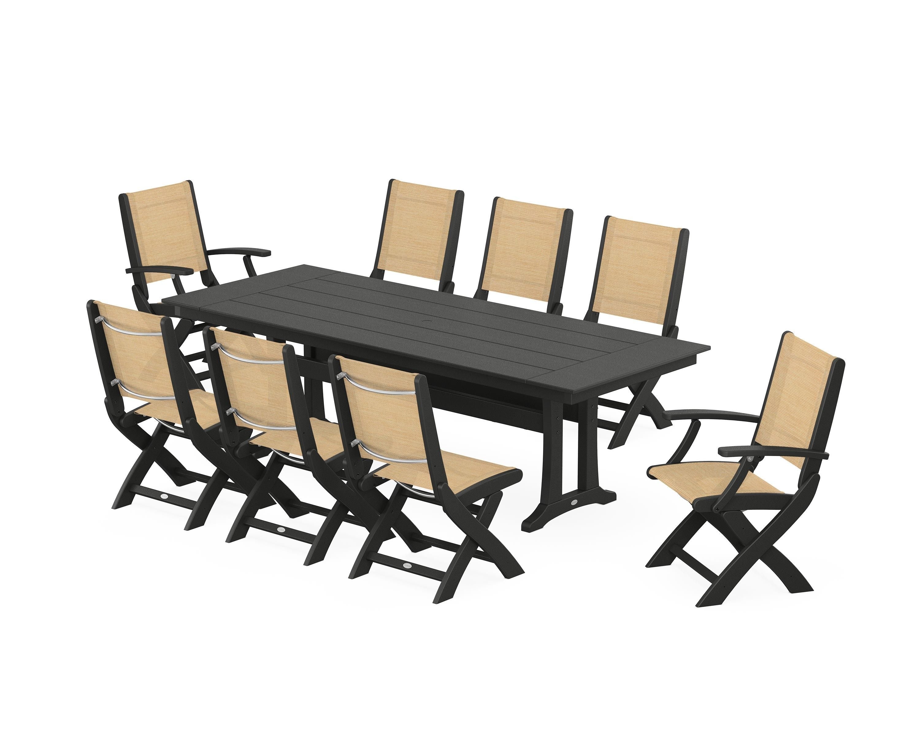 POLYWOOD® Coastal 9-Piece Folding Dining Chair Farmhouse Dining Set with Trestle Legs in Black / Dupioni Apricot Sling