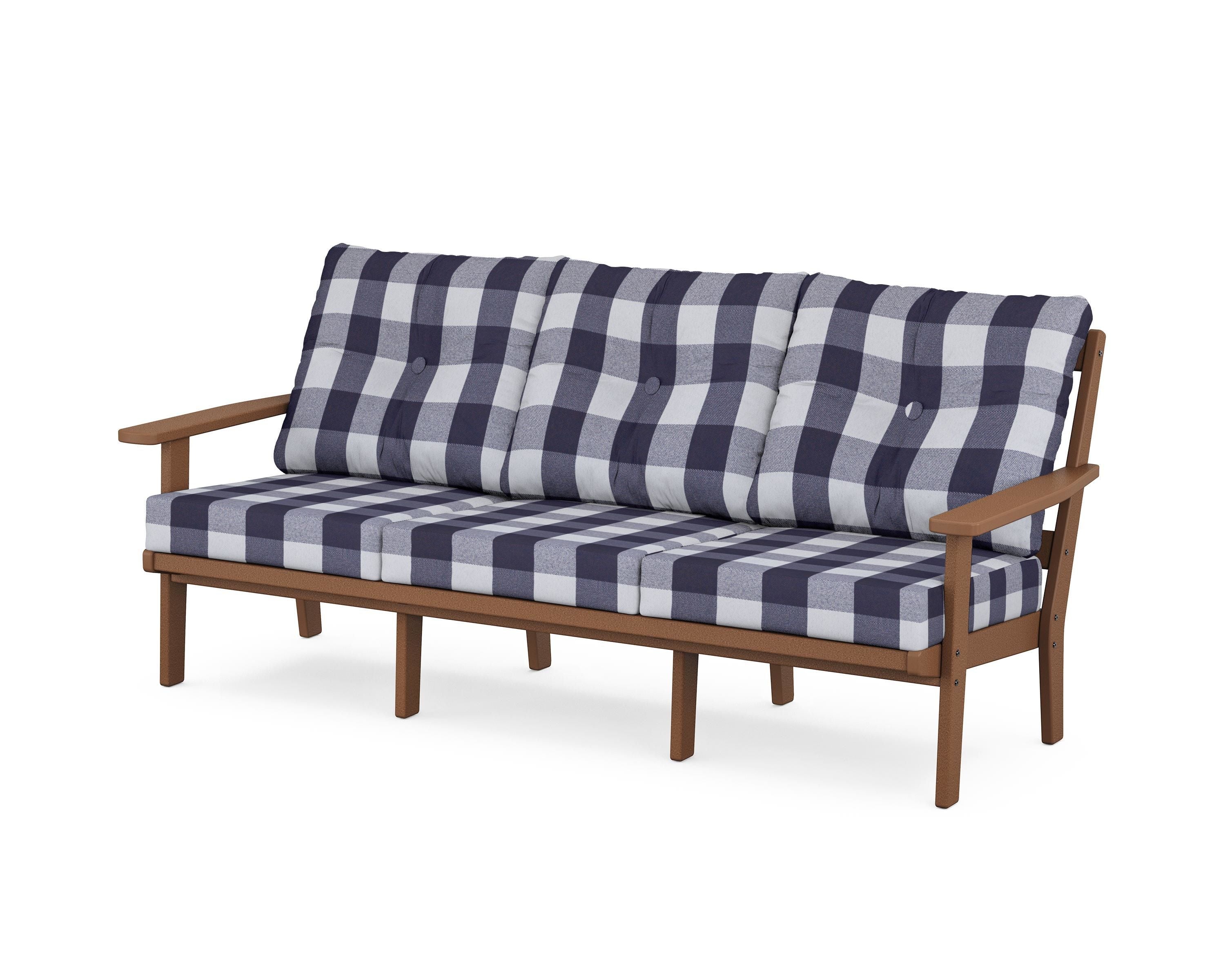 POLYWOOD® Oxford Deep Seating Sofa in Teak / Buffalo Plaid Navy