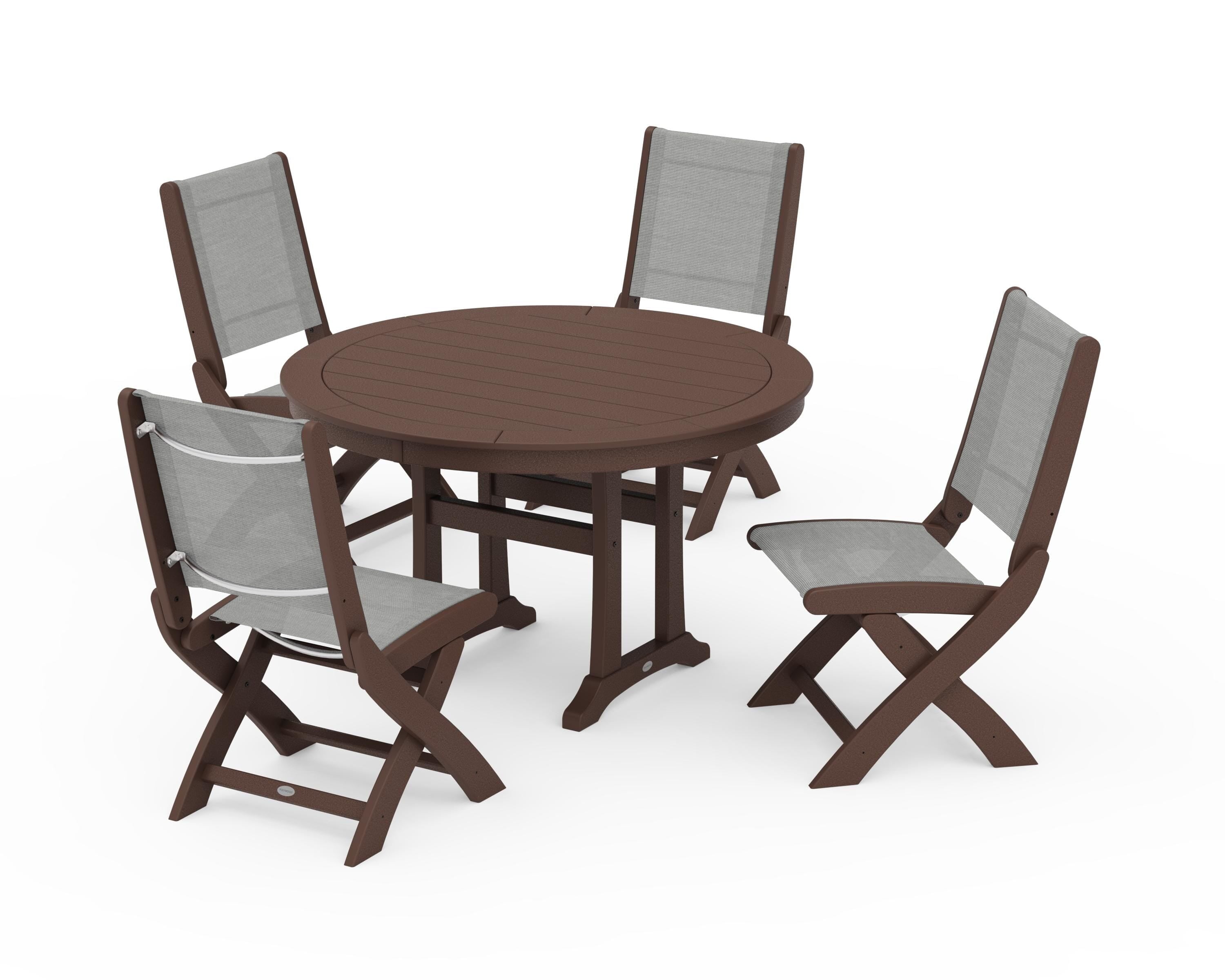 POLYWOOD® Coastal Folding Side Chair 5-Piece Round Dining Set With Trestle Legs in Mahogany / Metallic Sling