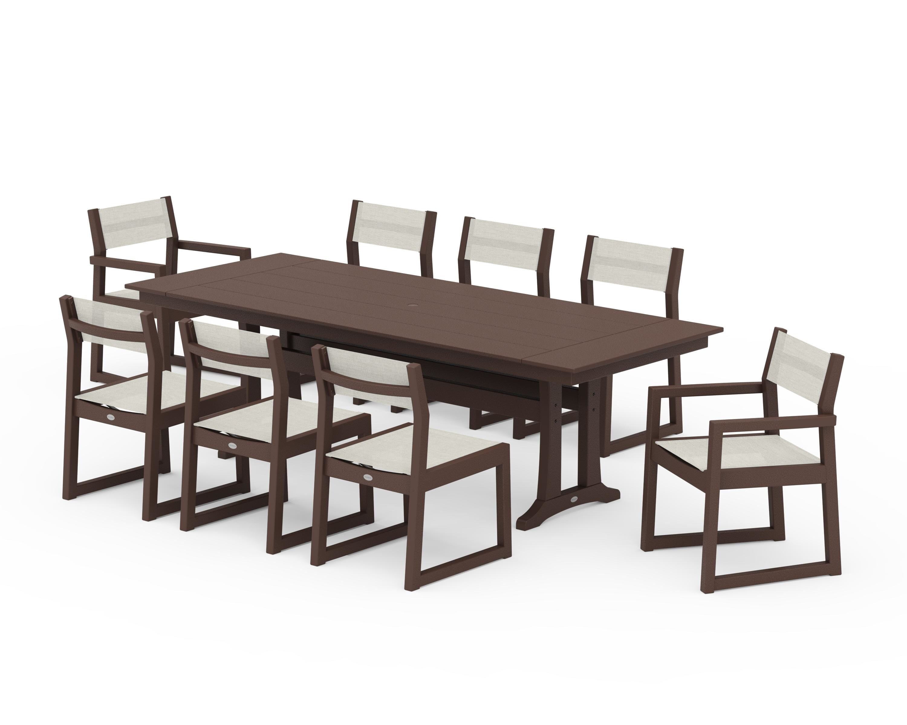 POLYWOOD® EDGE Sling 9-Piece Farmhouse Trestle Dining Set in Mahogany / Parchment Sling