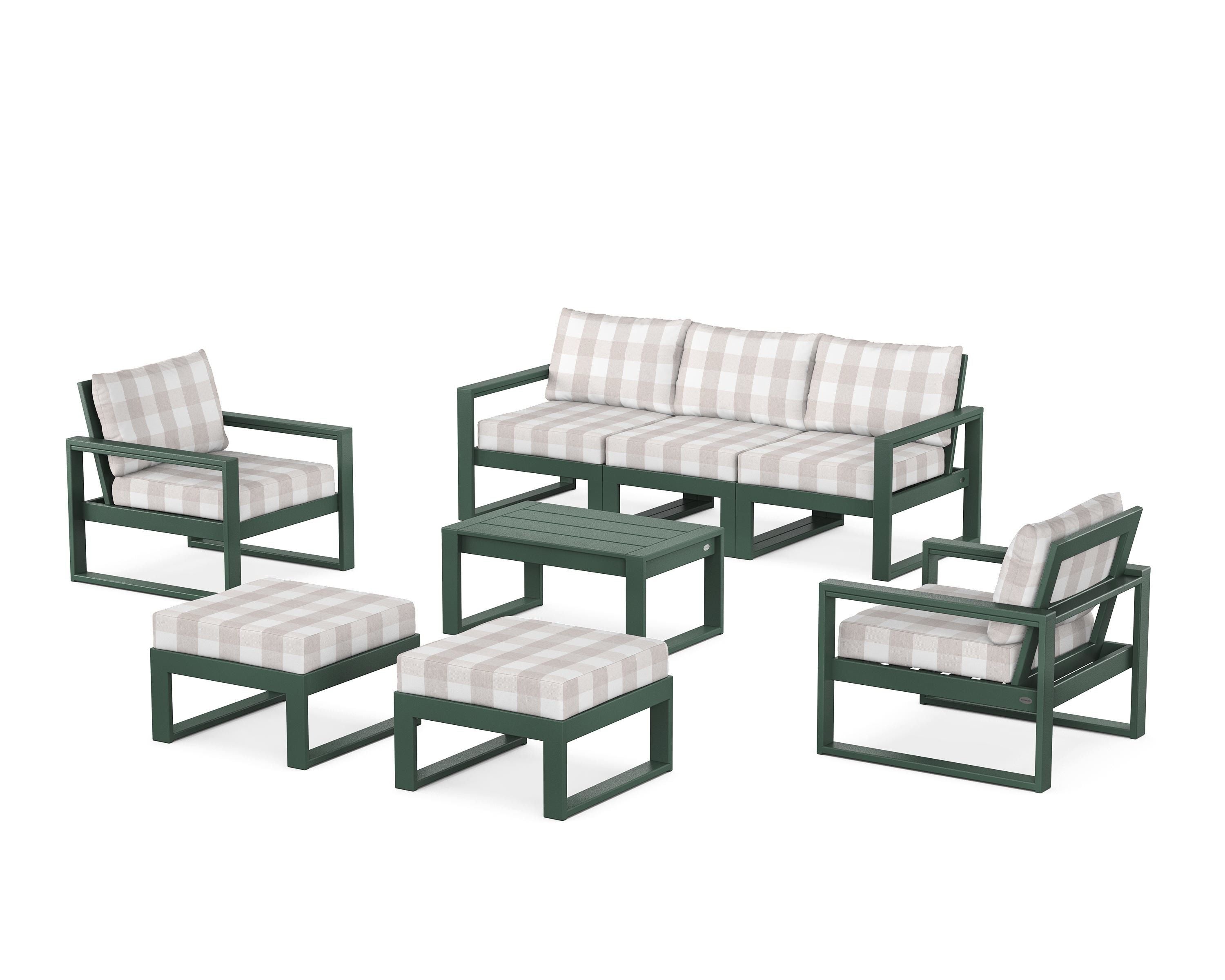 POLYWOOD® EDGE Sectional 8-Piece Lounge Sofa Set in Green / Buffalo Plaid Dune Burlap
