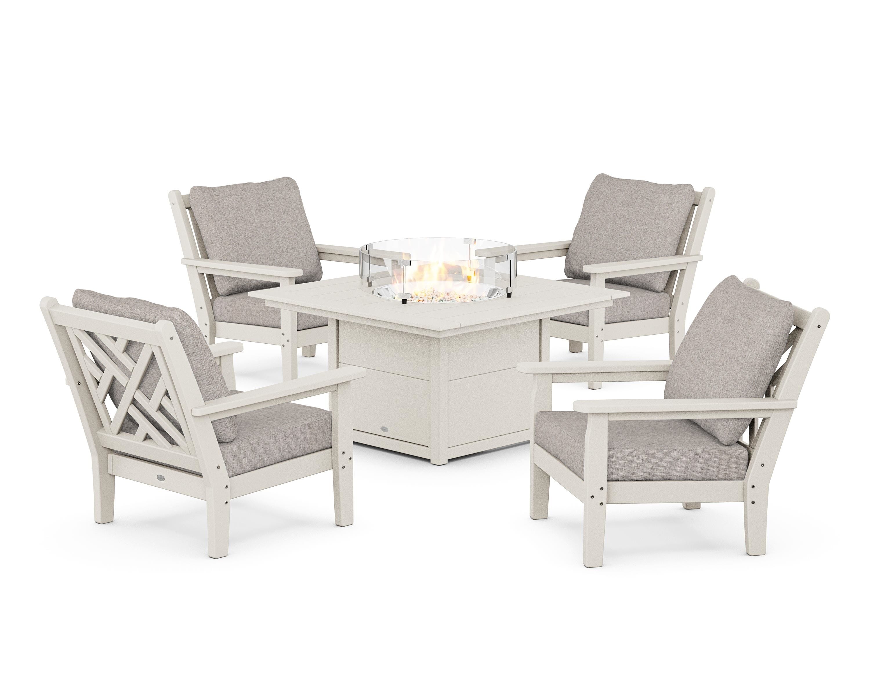 POLYWOOD® Chippendale 5-Piece Deep Seating Set with Fire Pit Table in Sand / Weathered Tweed