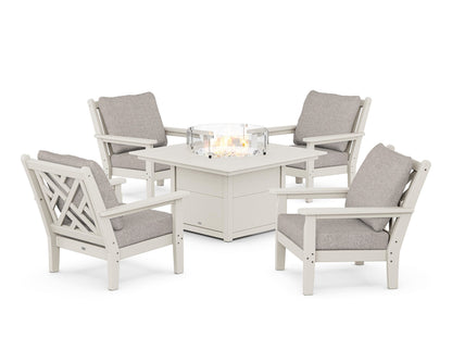 POLYWOOD® Chippendale 5-Piece Deep Seating Set with Fire Pit Table in Sand / Weathered Tweed