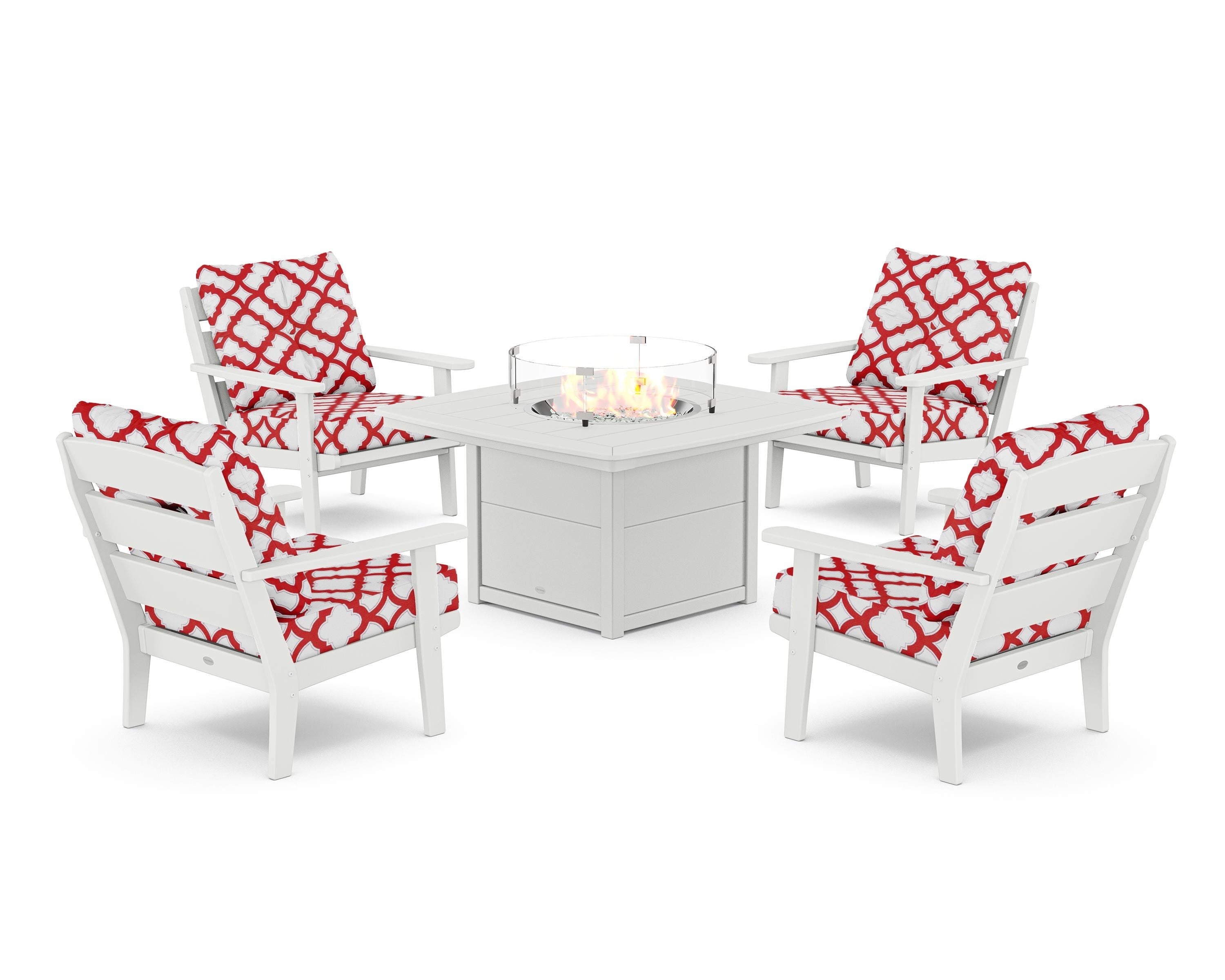 POLYWOOD® Lakeside 5-Piece Deep Seating Set with Nautical Fire Pit Table in White / Trellis Crimson
