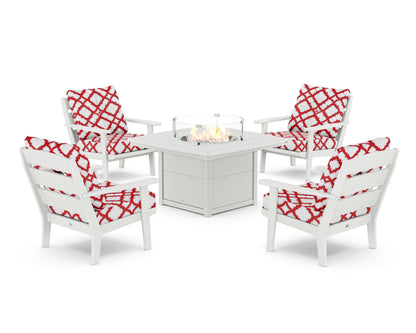 POLYWOOD® Lakeside 5-Piece Deep Seating Set with Nautical Fire Pit Table in White / Trellis Crimson