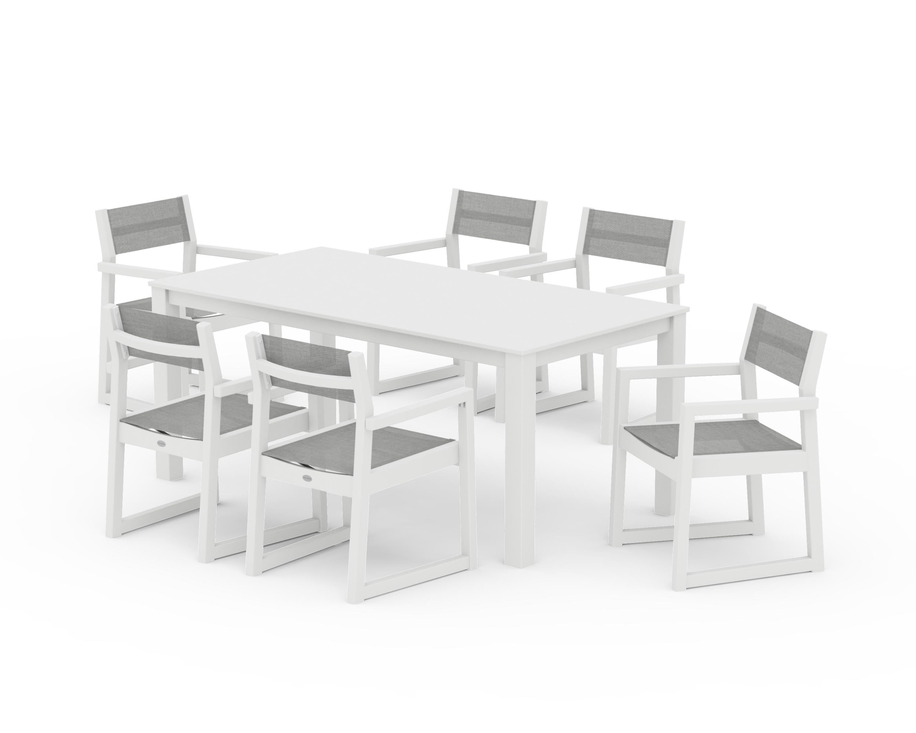 POLYWOOD® EDGE Sling Arm Chair 7-Piece Parsons Dining Set in White / Metallic Sling