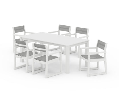 POLYWOOD® EDGE Sling Arm Chair 7-Piece Parsons Dining Set in White / Metallic Sling