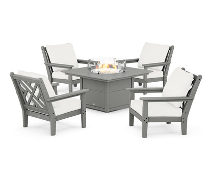 POLYWOOD® Chippendale 5-Piece Deep Seating Set with Fire Pit Table in Slate Grey / Natural Linen