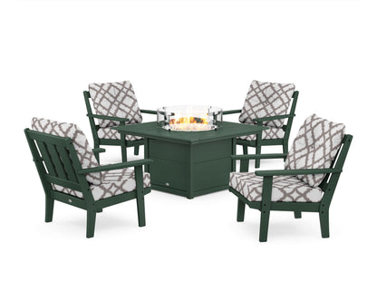 POLYWOOD® Oxford 5-Piece Deep Seating Set with Fire Pit Table in Green / Trellis Grey Mist