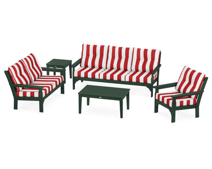 POLYWOOD® Vineyard 5 Piece Deep Seating Set in Green / Cabana Stripe Crimson