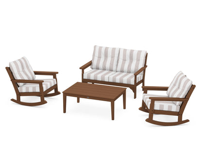 POLYWOOD® Vineyard 4-Piece Deep Seating Rocking Chair Set in Teak / Cabana Stripe Dune Burlap