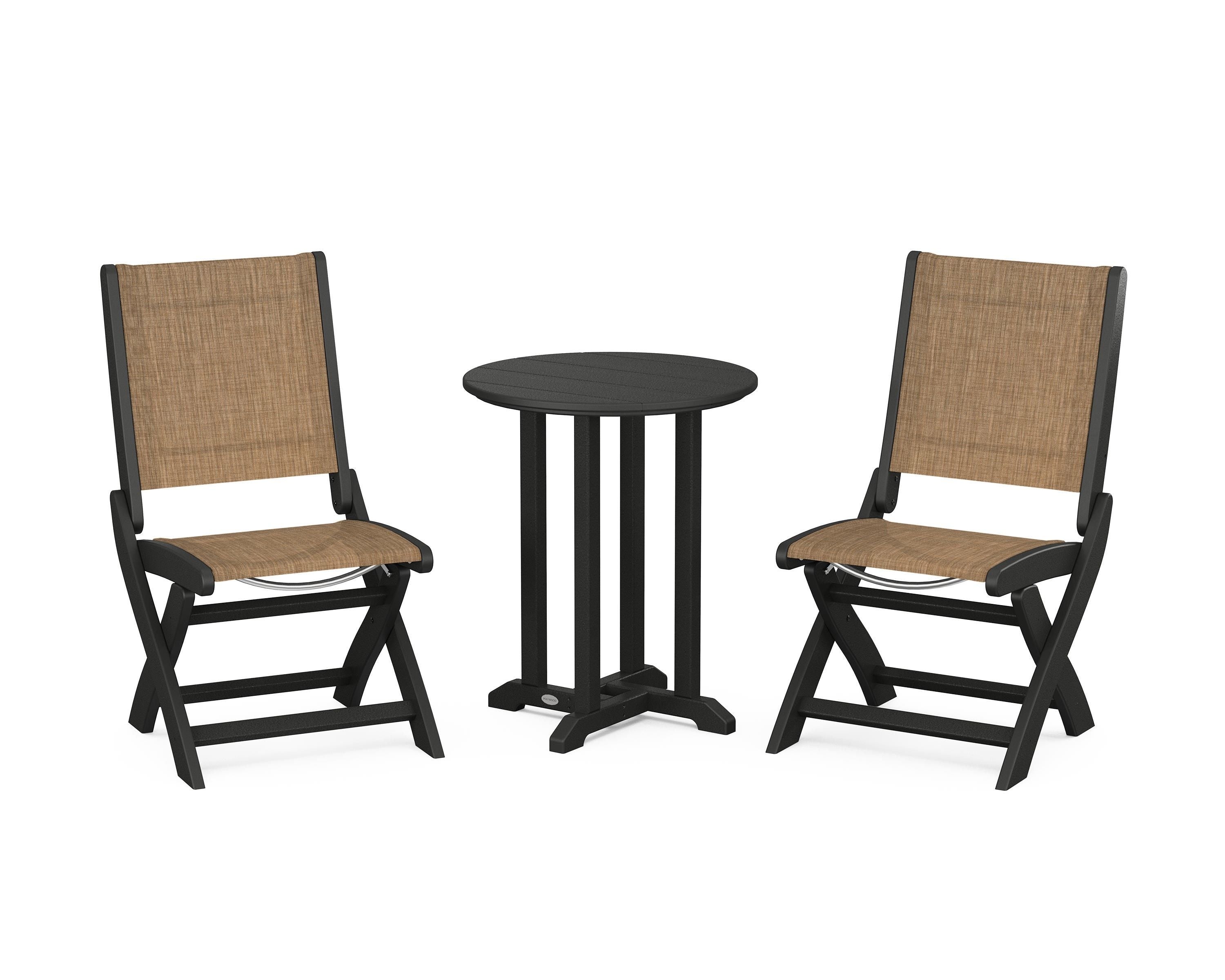 POLYWOOD® Coastal Folding Side Chair 3-Piece Round Bistro Dining Set in Black / Burlap Sling