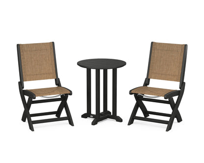 POLYWOOD® Coastal Folding Side Chair 3-Piece Round Bistro Dining Set in Black / Burlap Sling
