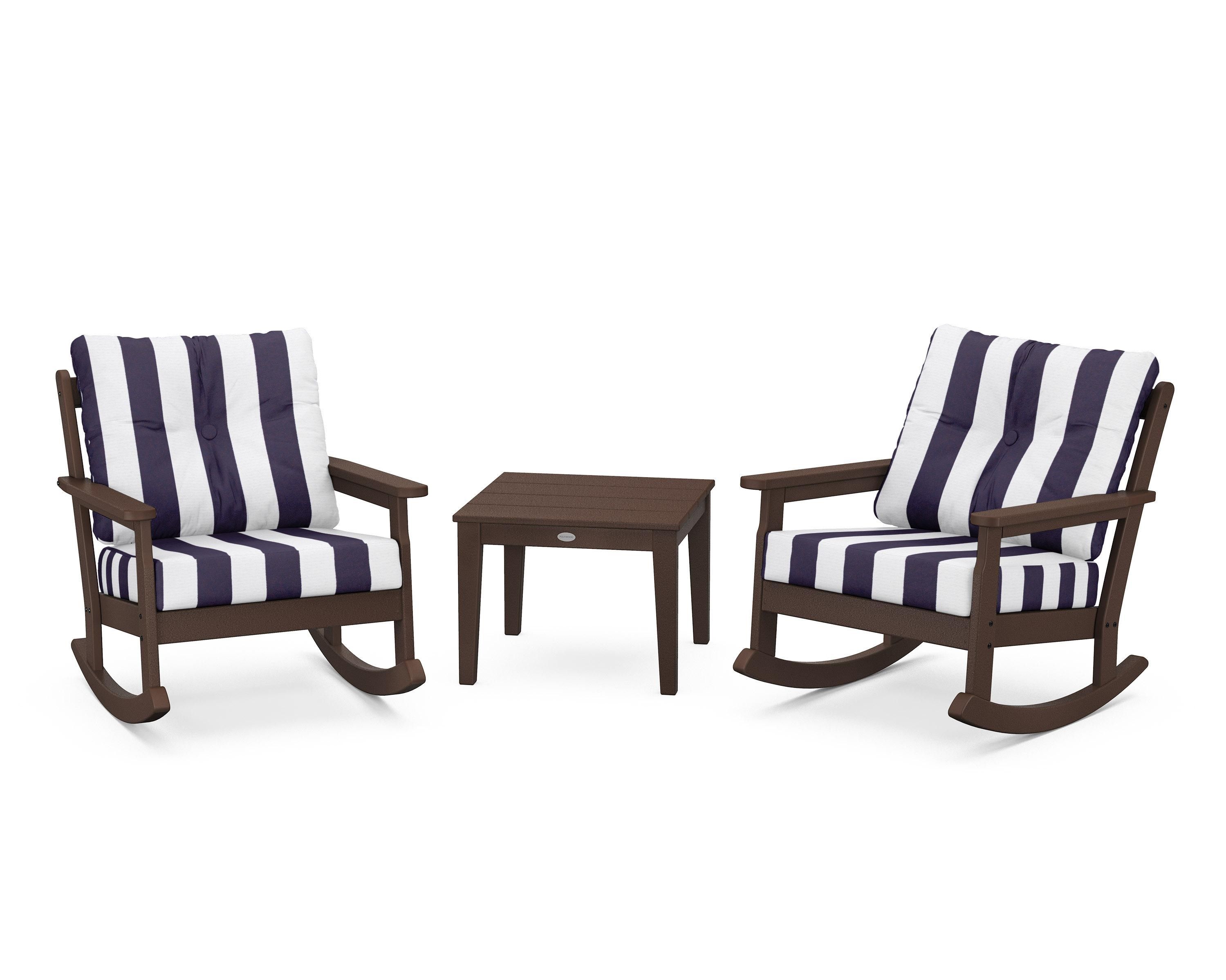 POLYWOOD® Vineyard 3-Piece Deep Seating Rocker Set in Mahogany / Cabana Stripe Navy