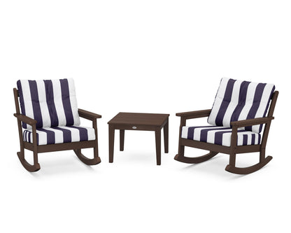 POLYWOOD® Vineyard 3-Piece Deep Seating Rocker Set in Mahogany / Cabana Stripe Navy