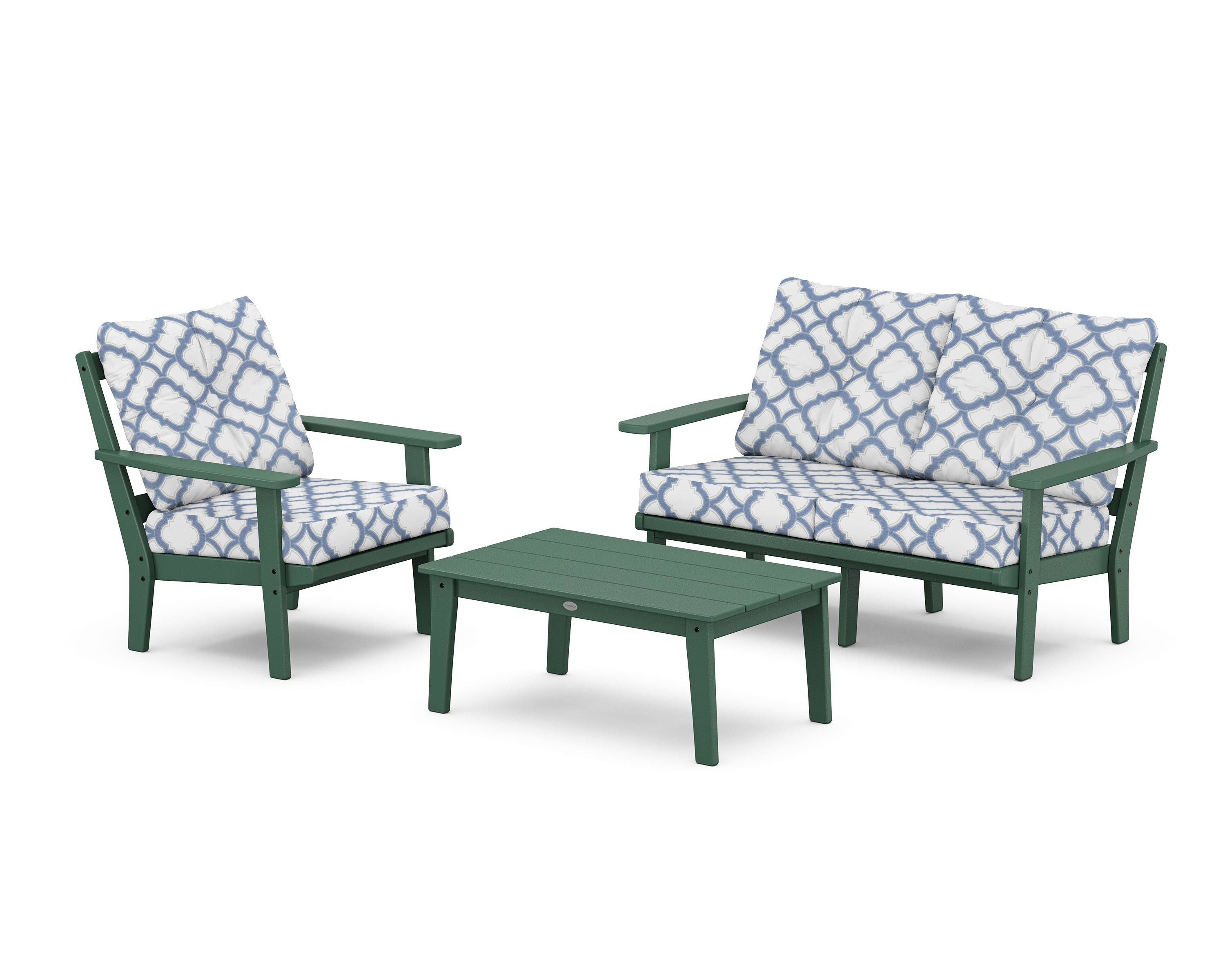 POLYWOOD® Prairie 3-Piece Deep Seating Set with Loveseat in Green / Trellis Sky Blue