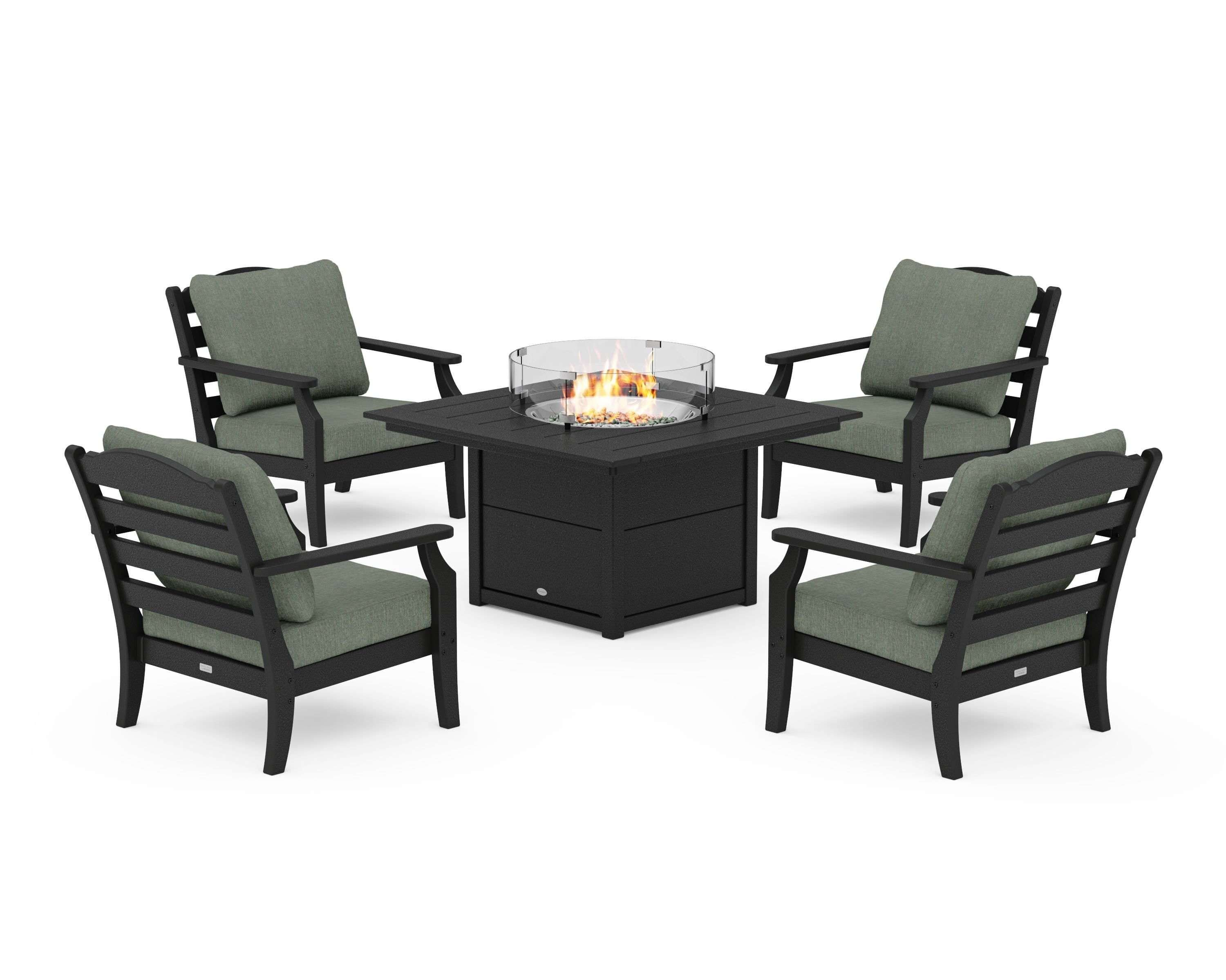 Draper James™ by  POLYWOOD® Savannah 5-Piece Deep Seating Set with Fire Pit Table in Black / Cast Sage