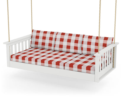 POLYWOOD® Vineyard Daybed Swing in White / Buffalo Plaid Crimson