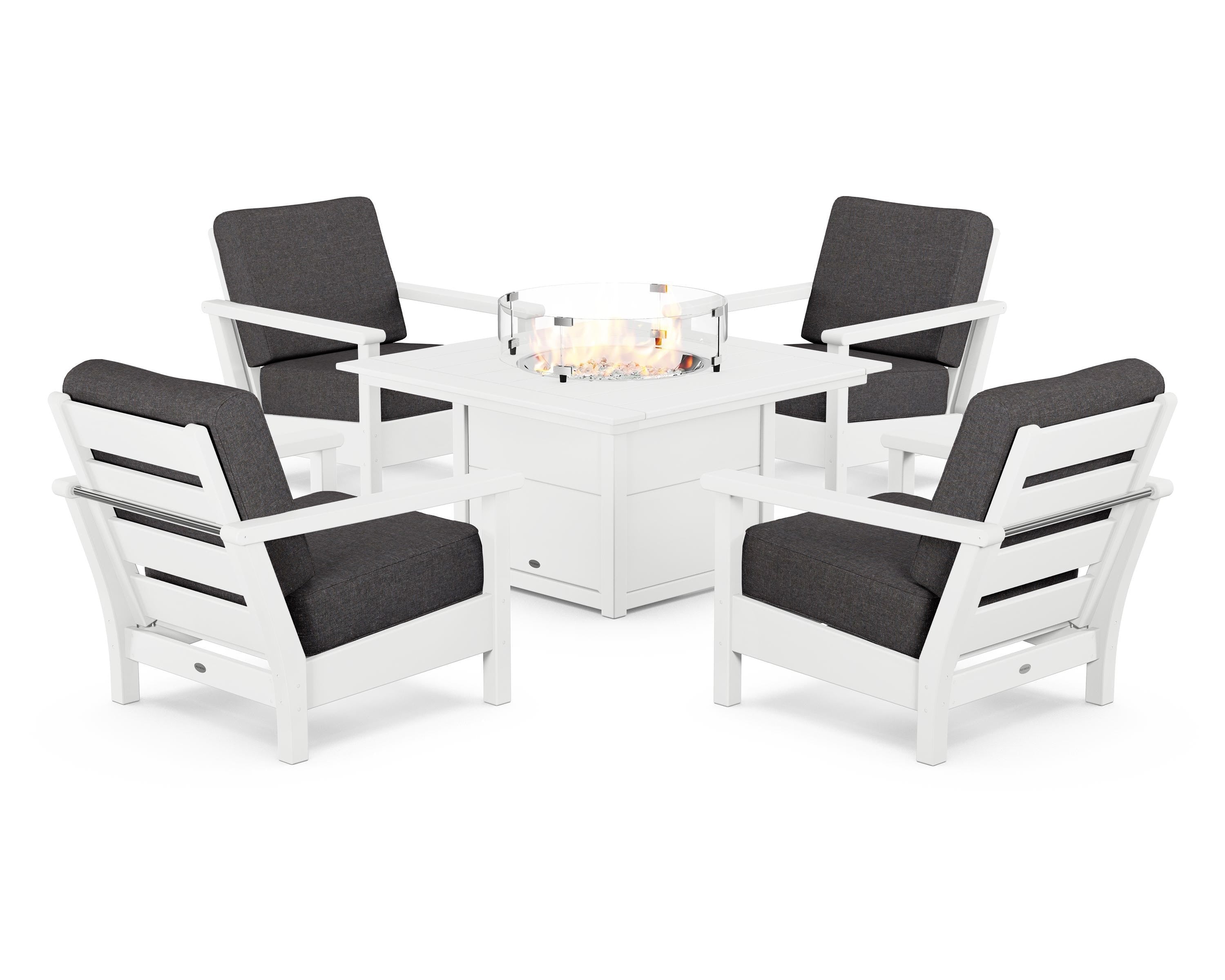 POLYWOOD® Harbour 5-Piece Conversation Set with Fire Pit Table in White / Ash Charcoal