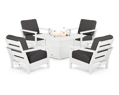 POLYWOOD® Harbour 5-Piece Conversation Set with Fire Pit Table in White / Ash Charcoal