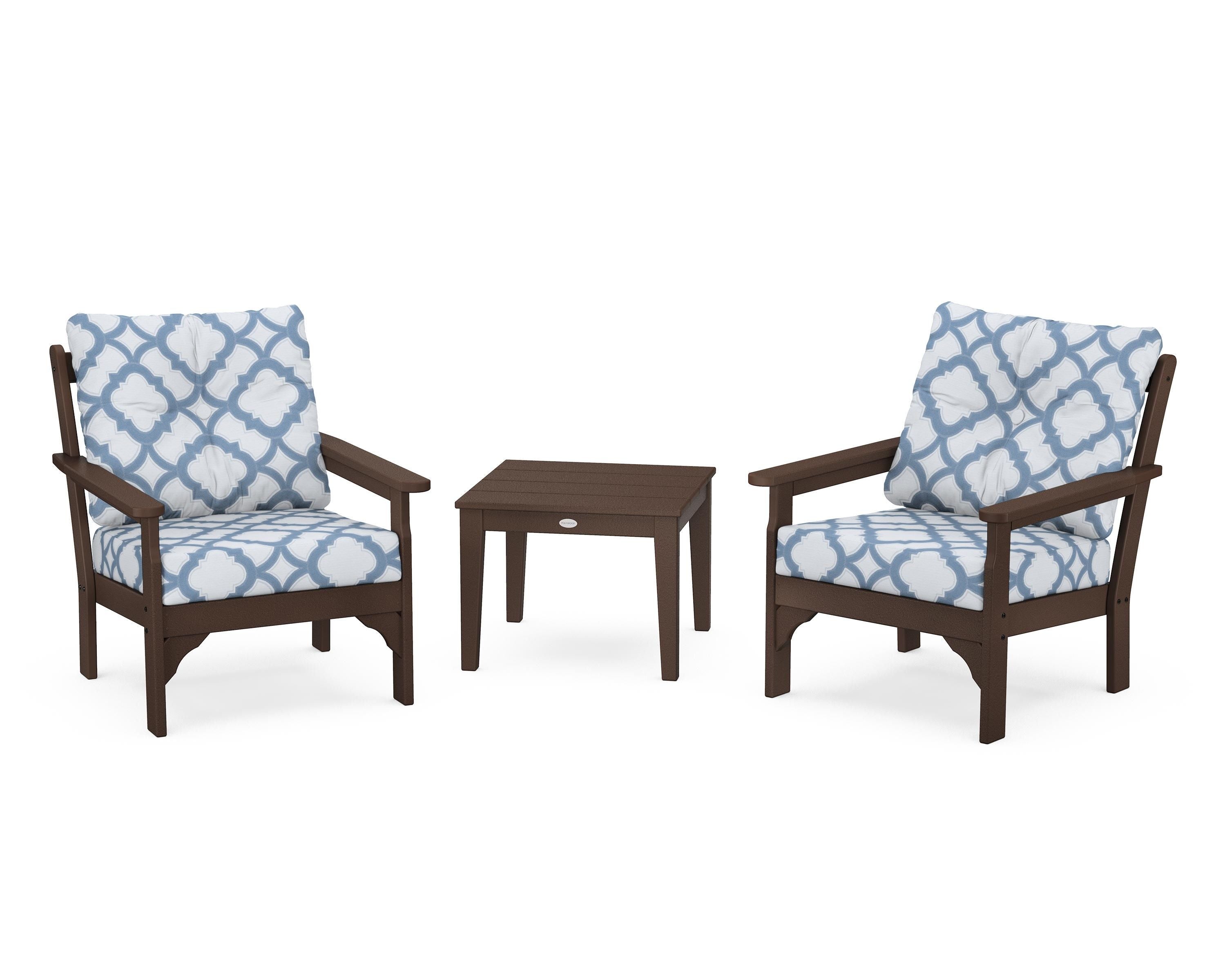 POLYWOOD® Vineyard 3-Piece Deep Seating Set in Mahogany / Trellis Sky Blue