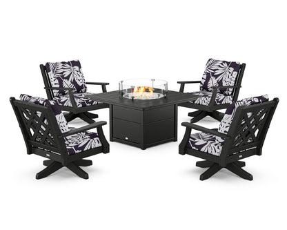 Country Living Wovendale 5-Piece Deep Seating Swivel Conversation Set with Fire Pit Table in Black / Leaf Navy