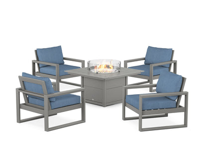 POLYWOOD® EDGE Sectional 5-Piece Deep Seating Set with Fire Pit Table in Slate Grey / Sky Blue