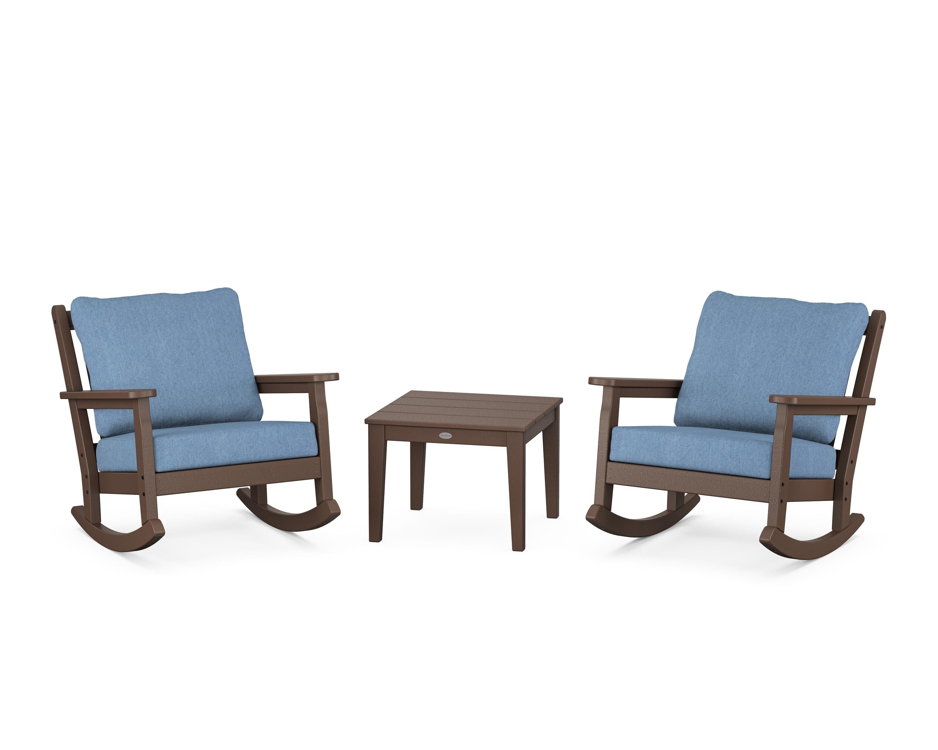 POLYWOOD® Chippendale 3-Piece Deep Seating Rocker Set in Mahogany / Sky Blue