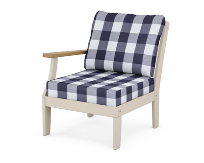 POLYWOOD® Braxton Modular Left Arm Chair in Sand / Natural / Buffalo Plaid Navy
