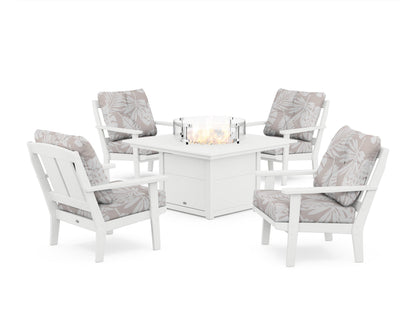 POLYWOOD® Mission 5-Piece Deep Seating Set with Fire Pit Table in White / Leaf Dune Burlap