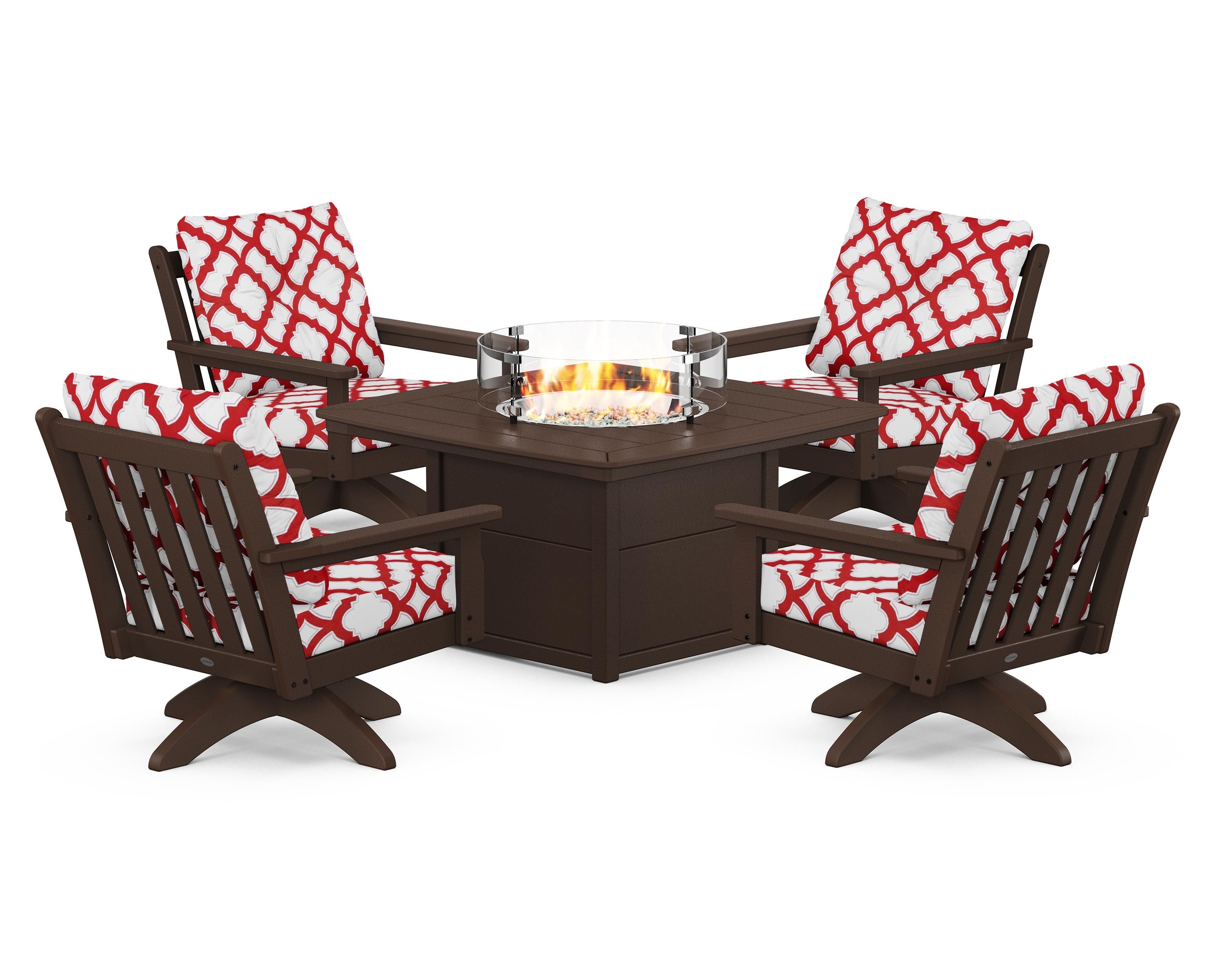 POLYWOOD® Vineyard 5-Piece Deep Seating Swivel Conversation Set with Fire Pit Table in Mahogany / Trellis Crimson