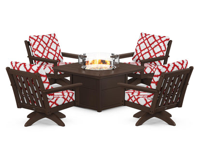 POLYWOOD® Vineyard 5-Piece Deep Seating Swivel Conversation Set with Fire Pit Table in Mahogany / Trellis Crimson
