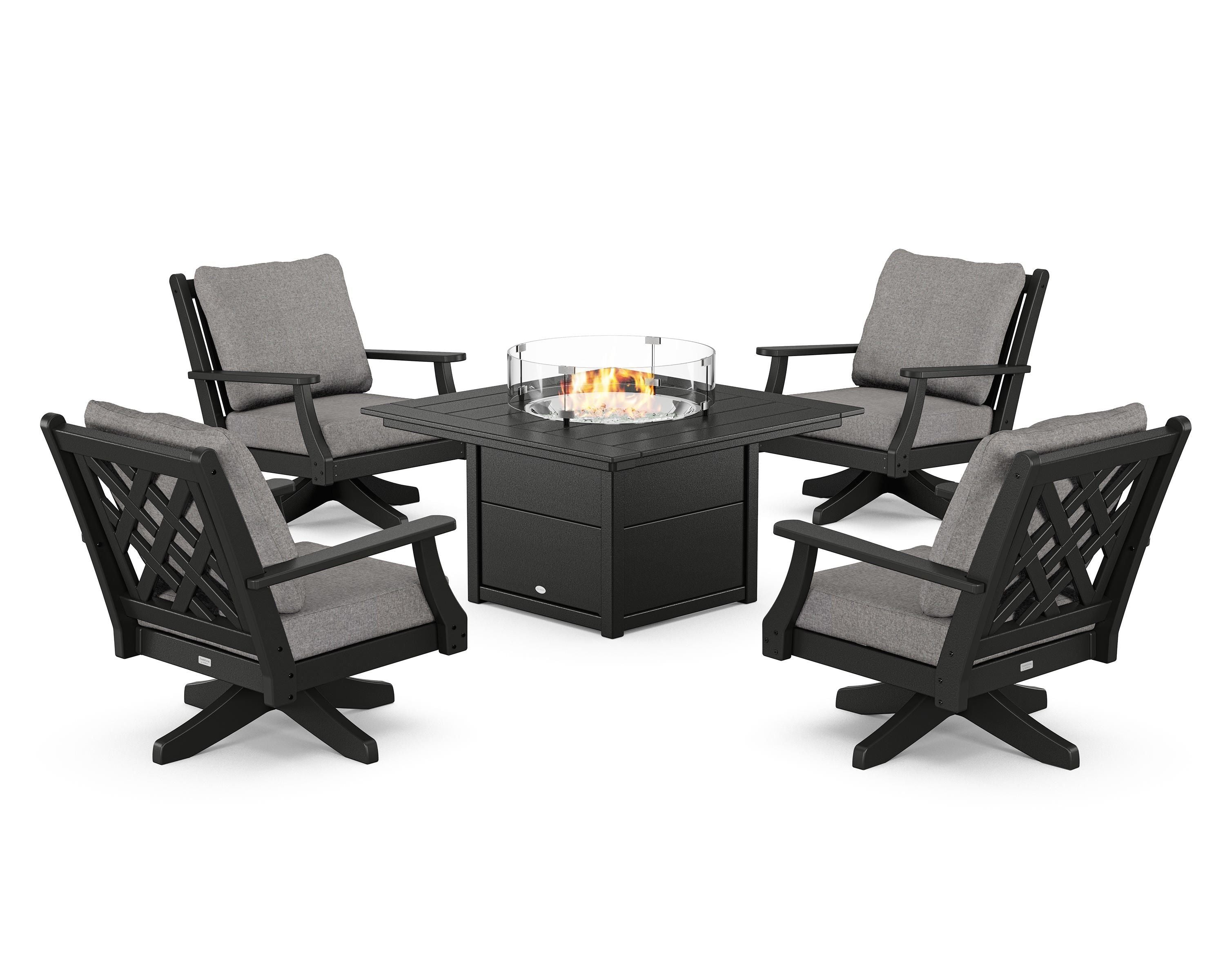 Country Living Wovendale 5-Piece Deep Seating Swivel Conversation Set with Fire Pit Table in Black / Grey Mist