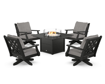Country Living Wovendale 5-Piece Deep Seating Swivel Conversation Set with Fire Pit Table in Black / Grey Mist